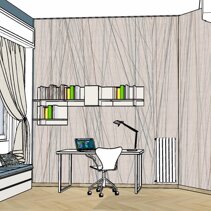 Progetto Interni globale con Ristrutturazione Dis. 3D parete zona studio rivestita con carta da parati, arredata con 1 scrittoio e pensili