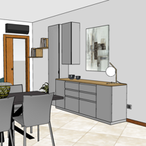Progetto di Home Relooking Living Open Space Disegno 3D, dettaglio mobile contenitivo in Living Open Space