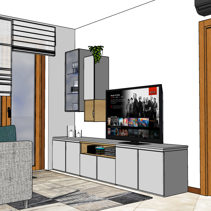 Progetto di Home Relooking Living Open Space Disegno 3D parete TV attrezzata in Living Open Space