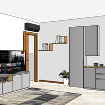 Progetto di Home Relooking Living Open Space Disegno 3D, Vista parete laterale Living Open Space attrezzata con mobile contenitivo moderno