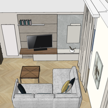Progetto Interni globale con Ristrutturazione Dis. 3D Vista dall'alto Zona Salotto in Living Open Space