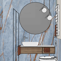 Progetto Interni globale con Ristrutturazione Dis. 3D composizione mobile bagno sospeso a 1 cassettone con lavabo in appoggio e specchio tondo
