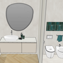 Progetto Interni globale con Ristrutturazione Dis. 3D Mobile bagno moderno sospeso a 2 cestoni con lavabo in appoggio e specchio asimmetrico