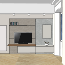 Progetto Interni globale con Ristrutturazione Dis. 3D Prospetto Mobile TV su misura con boiserie moderna e moduli contenitivi sospesi