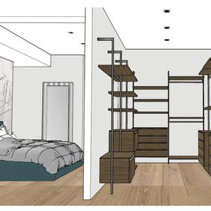 Progetto Interni globale con Ristrutturazione Disegno 3D Cabina Armadio all'interno della camera matrimoniale, vista laterale