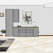 Progetto di Home Relooking Living Open Space Disegno 3D, vista frontale mobile contenitivo tra ingresso, sala da pranzo e salotto in Open Space