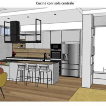 Progetto Interni globale con Ristrutturazione Disegno 3D Cucina con isola centrale in stile industrial-chic
