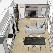 Progetto Interni globale con Ristrutturazione Dis. 3D Vista dall'alto Soggiorno Open Space