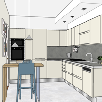 Progetto di Home Relooking per Cucina Vista laterale globale progetto 3D di Relooking cucina a L