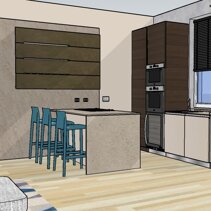 Realizzazione Progetto Arredamento per Interni Dettaglio Cucina con penisola e Boiserie a muro in Open Space