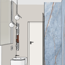 Progetto Interni globale con Ristrutturazione Dis. 3D interno bagno vista ingresso e sezione doccia con rivestimento azzurro a tutta H