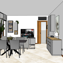 Progetto di Home Relooking Living Open Space Disegno 3D, vista da ingresso Living Open Space completo