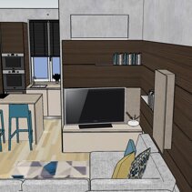 Realizzazione Progetto Arredamento per Interni Dettaglio parete attrezzata per TV in Open Space