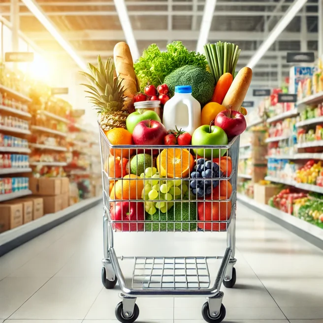 dall·e 2025-01-23 23.39.20 - a cheerful and vibrant image of a shopping cart filled to the brim with colorful groceries, including fresh fruits, vegetables, bread, milk, and other