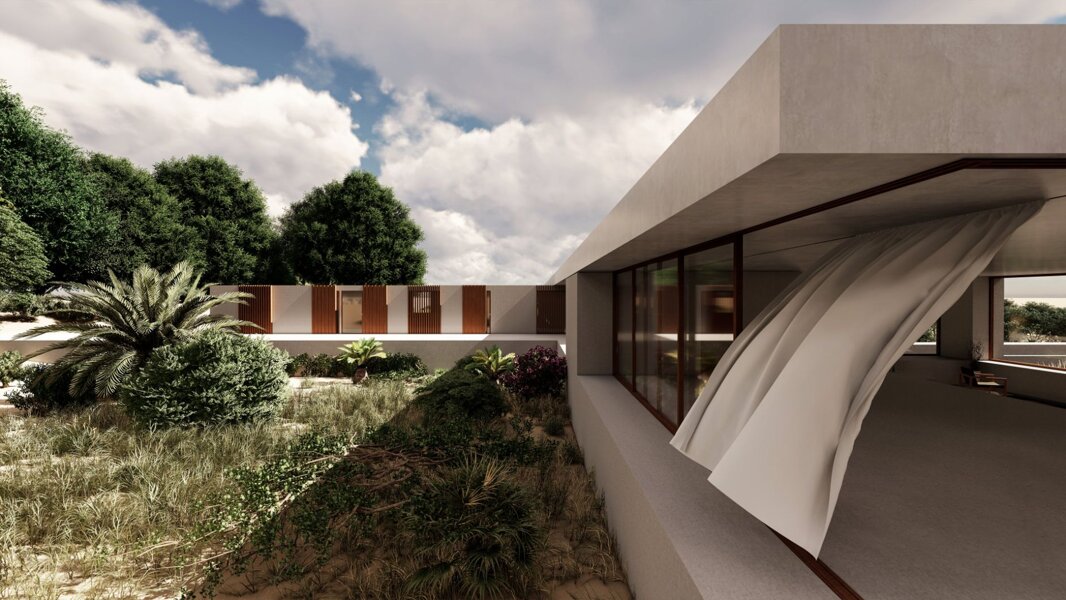 Vista esterna di una villa moderna con vento che soffia e muove le tende