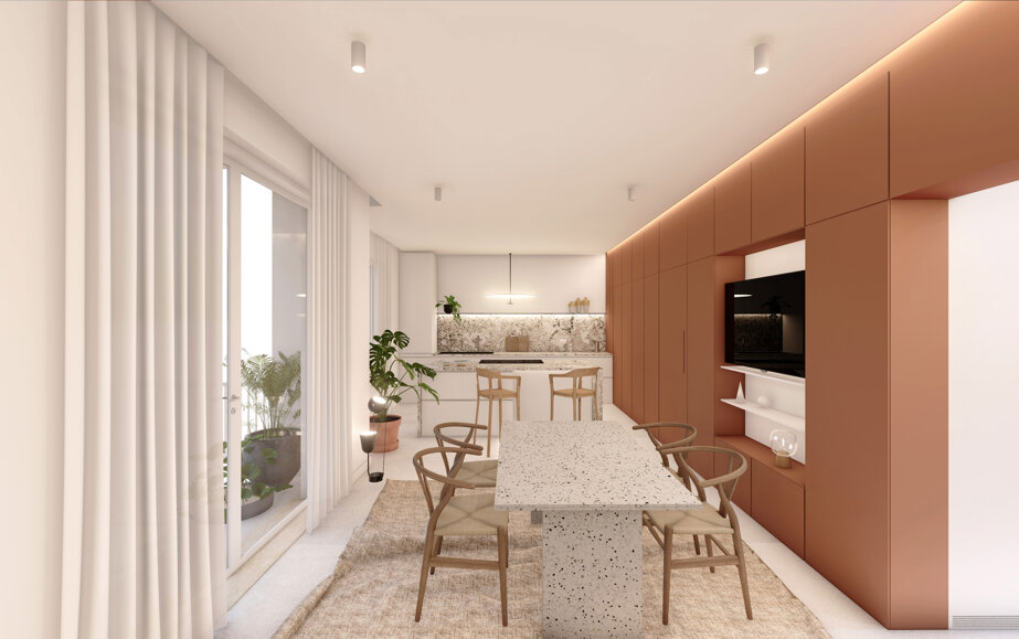 cucina open space di un appartamento ristrutturato a roma