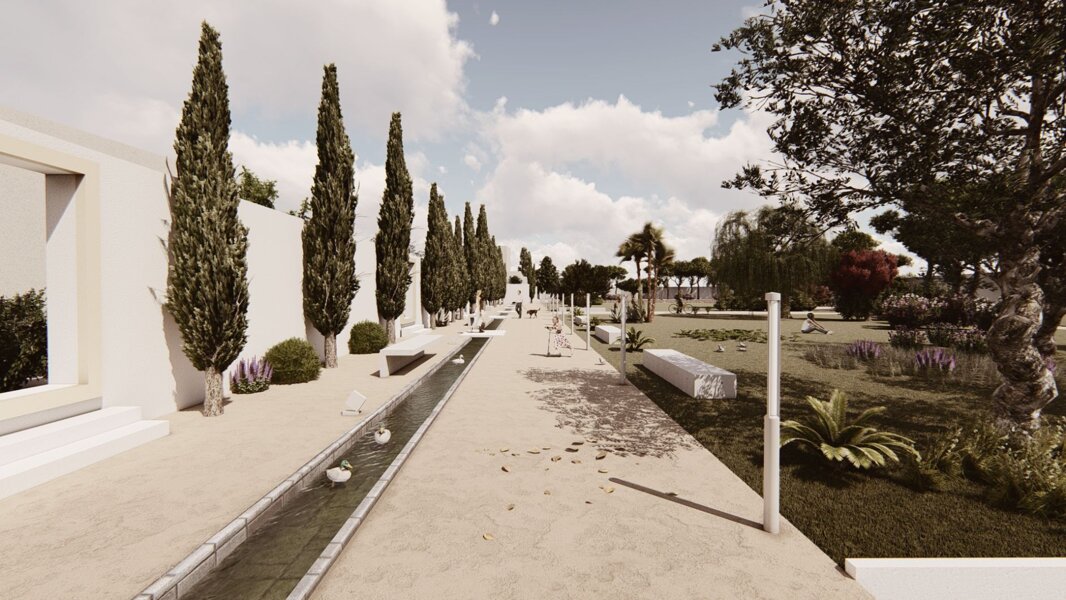 Giardino con cipressi e canale