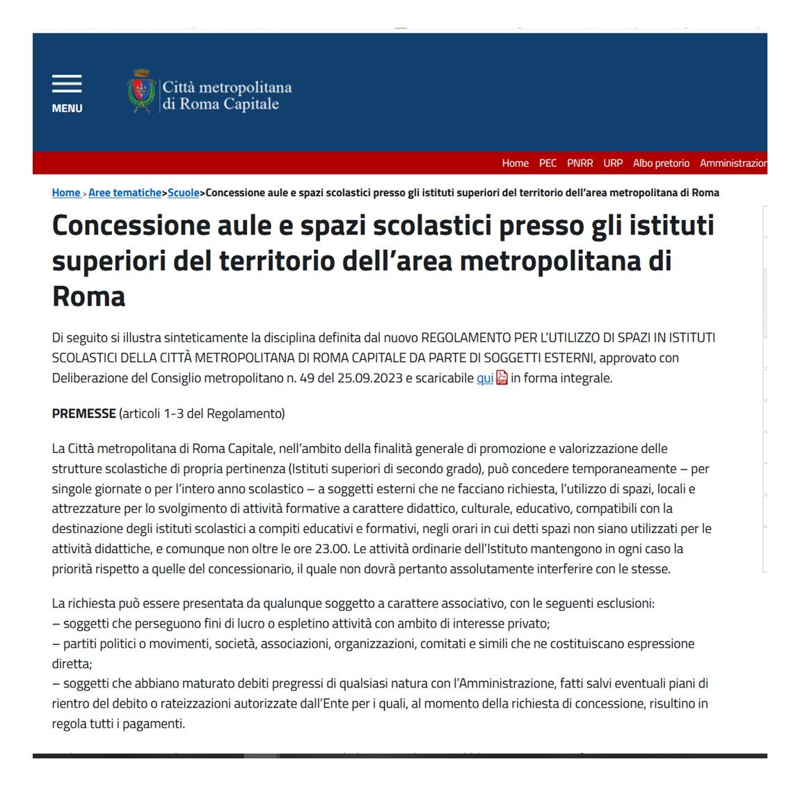 Riassunto e schede della Concessione aule e spazi scolastici presso gli istituti superiori del territorio dell’area metropolitana di Roma