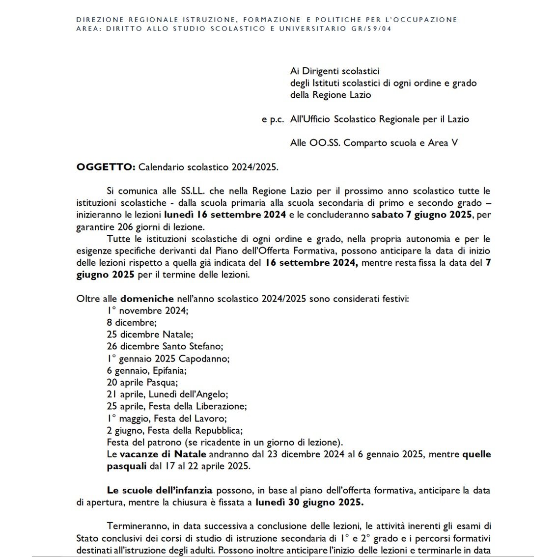 Calendario Scolastico della Regione Lazio 2024 - 2025