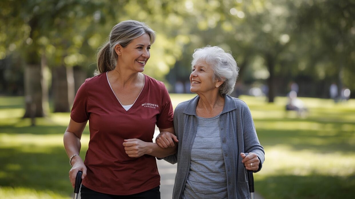 una badante di circa 50 anni che porta a passeggio una donna anziana.jpeg una badante di circa 50 anni che porta a passeggio una donna anziana.jpeg