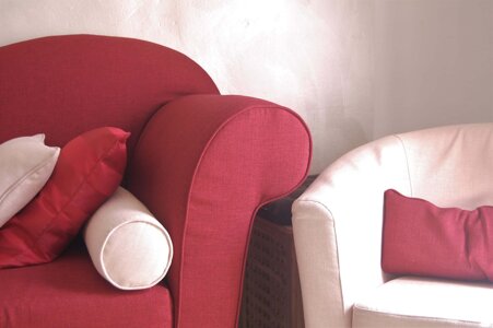 Due poltrone accostate, una bordeaux e una beige, in uno studio di psicoterapia Due poltrone accostate, una bordeaux e una beige, in uno studio di psicoterapia