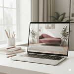 Una donna sorridente davanti ad un pc portatile bianco sta facendo una seduta di psicoterapia online. 