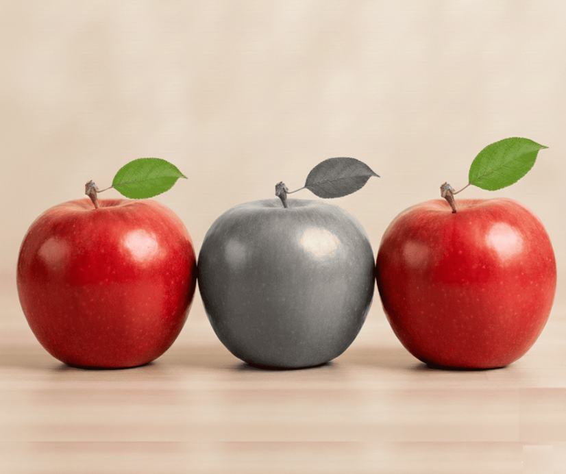 Una mela raffigurata in bianco e nero tra due mele a pieni colori rossi con sfumature verde giallo, a rappresentare la mancanza di coloritura emotiva della depressione. Una mela raffigurata in bianco e nero tra due mele a pieni colori rossi con sfumature verde giallo, a rappresentare la mancanza di coloritura emotiva della depressione.