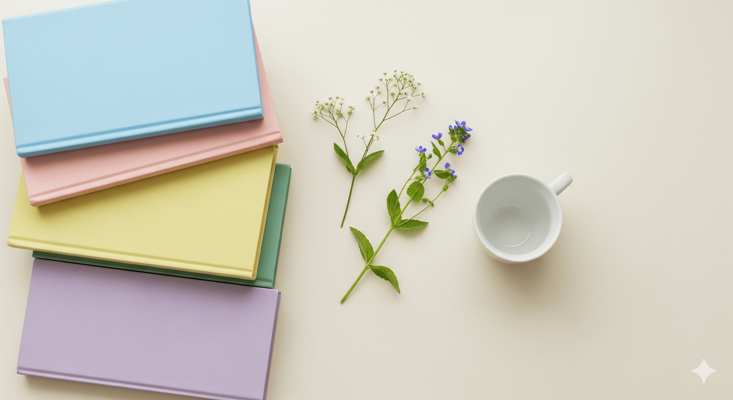 Scena flat lay di quaderni, un rametto fiorito e una tazzina, con atmosfera rilassante adatta a leggere gli articoli di psicologia e psicoterapia del sito e del blog Scena flat lay di quaderni, un rametto fiorito e una tazzina, con atmosfera rilassante adatta a leggere gli articoli di psicologia e psicoterapia del sito e del blog