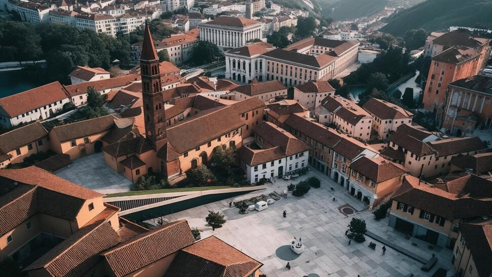 immagine cinematografica della piazza di cui ho fornito la foto, con i dettagli messi negli stessi punti e con le stesse forme geometriche.jpeg