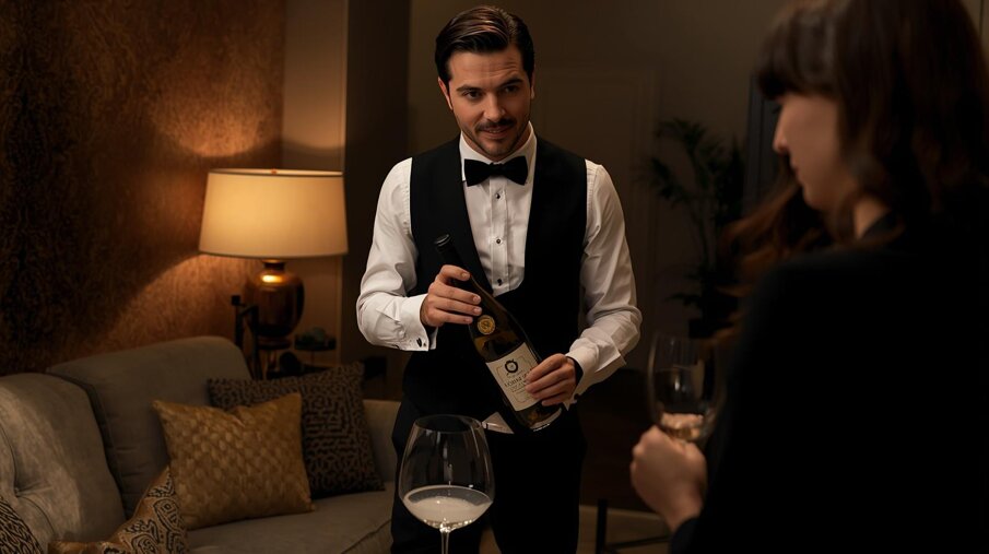 immagine per dire che svogliamo servizio riservato ai privati a casa, con un personal sommelier dentro un salotto.jpeg