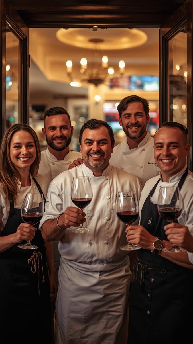 una immagine con più chef, cuochi e camerieri, di etnia mediterraneain piedi, davanti alla porta di un ristorante con in mano un calice di vino.jpeg