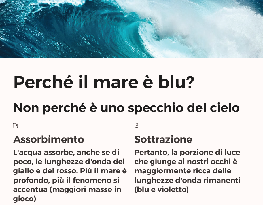 mare-blu.png Il colore del mare è legato a fenomeni di assorbimento di particolari lunghezze d'onda della luce