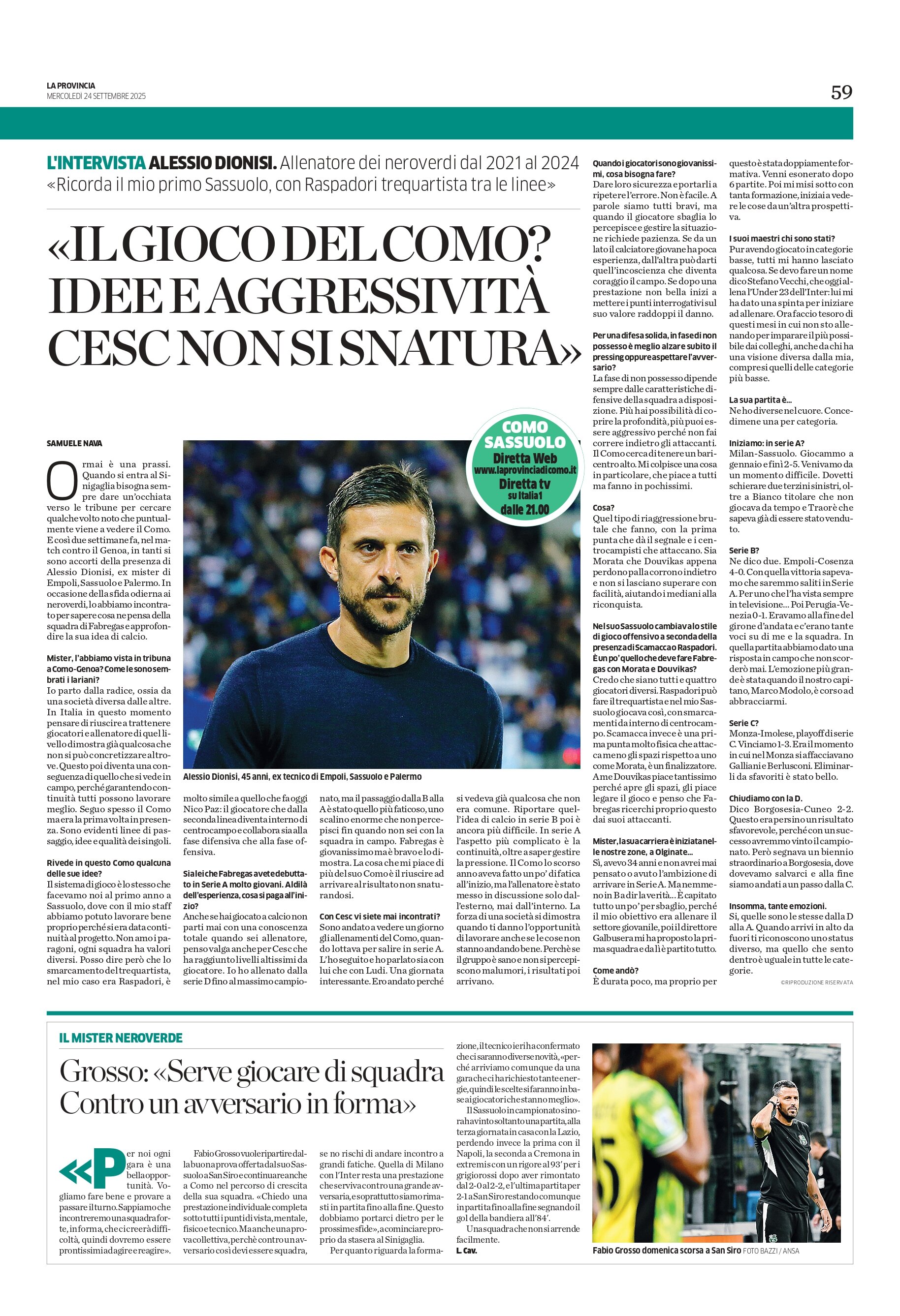 "Il gioco del Como? Idee e aggressivit&agrave;" - Intervista ad Alessio Dionisi