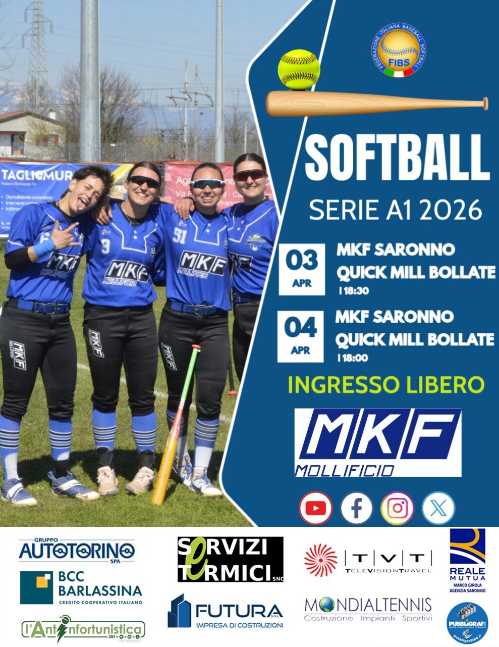 Softball Serie A1: venerd&igrave; e sabato doppio incontro tra MKF Saronno e Quickmill Bollate - ingresso gratuito per tutta la stagione!