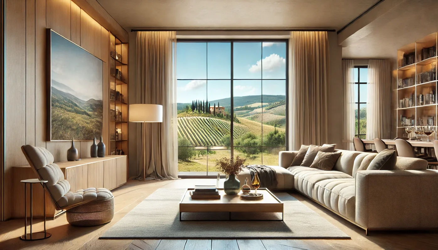 dall·e 2025-01-26 10.55.35 - a hyper-realistic depiction of a luxurious living room with a large window overlooking the classic chianti landscape in tuscany, italy. the interior i dall·e 2025-01-26 10.55.35 - a hyper-realistic depiction of a luxurious living room with a large window overlooking the classic chianti landscape in tuscany, italy. the interior i