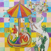 Sebastiano nella giostra: giochi pericolosi cm. 60x50, olio su tela, 2023