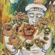 marinaio innamorato di un amore impossibi 2022 olio e collage di antichi tessuti su tela, 50 x 40 cm.