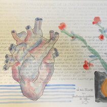 La mia Itaca VI 2021, acquarello, pastelli su poesia su carta, 33 x 48 cm