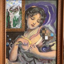 “Irene che gioca con un uccellino 57x47cm. olio su stampa artistica riciclata, 2023