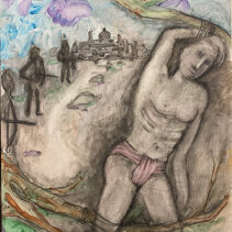 Bastiano di periferia olio su tela ovale, cm.57x46 montato su cornice antica, 2023