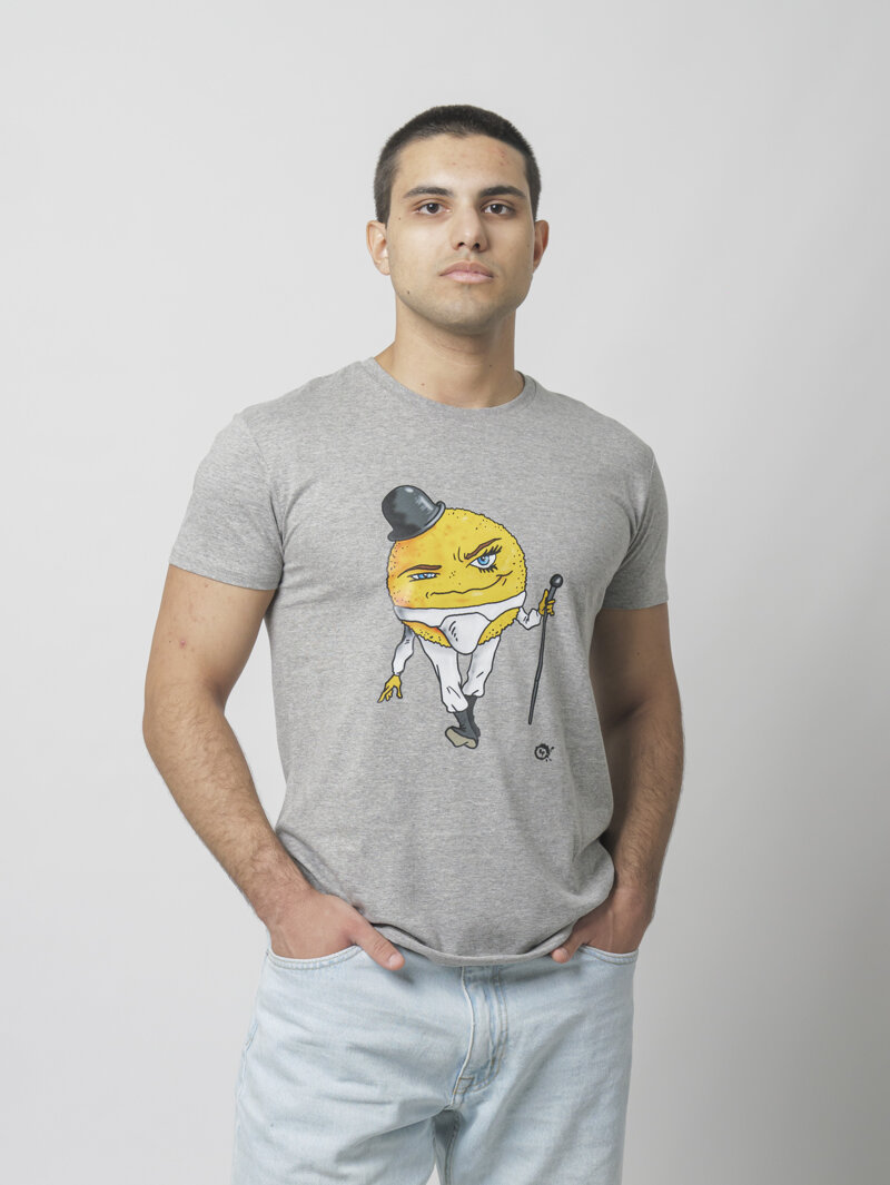 T-shirt uomo con stampa di un'arancina in versione Arancia Meccanica, design Eco Pop