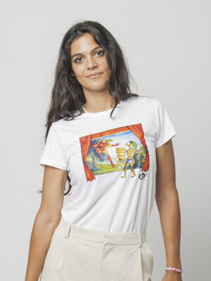 T-shirt donna con stampa di Iron Man nel Teatro dei Pupi, design Eco Pop