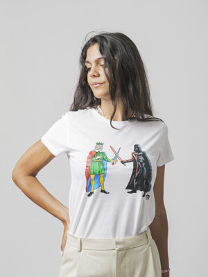T-shirt donna con stampa del Re di Spade e Darth Vader, design Eco Pop