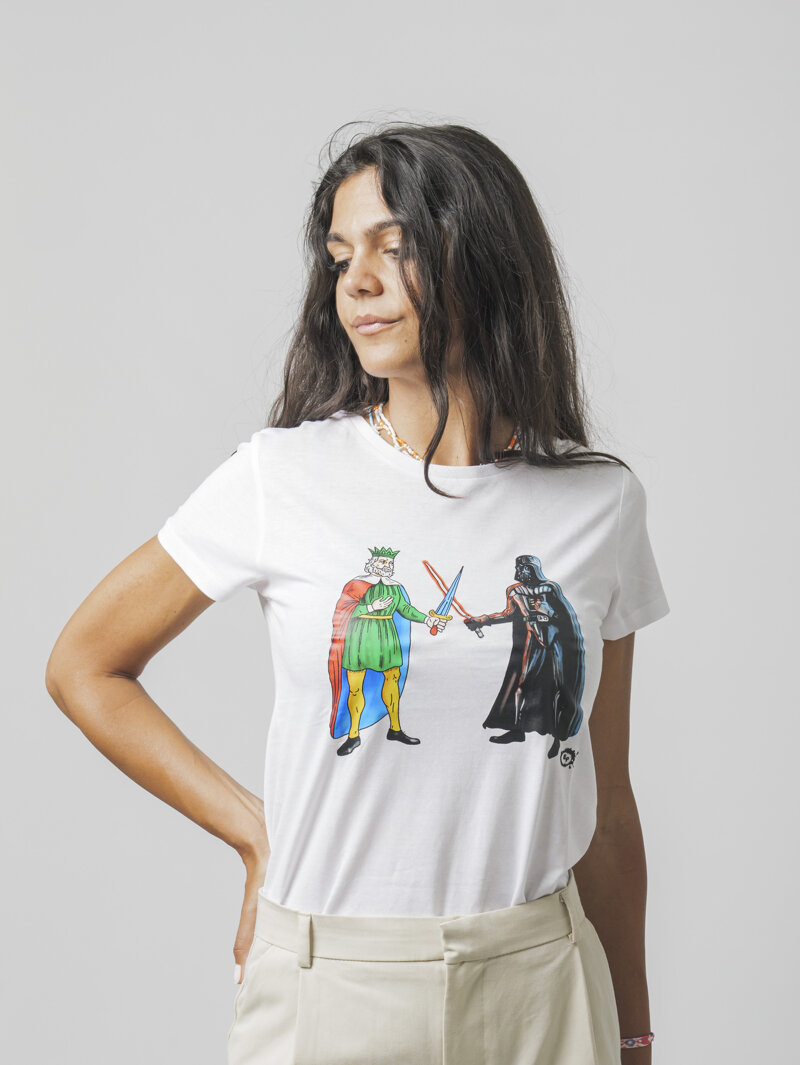 T-shirt donna con stampa del Re di Spade e Darth Vader, design Eco Pop
