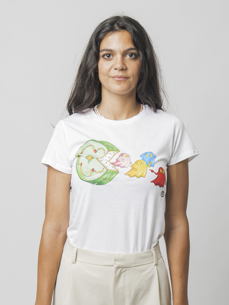 T-shirt donna con stampa di Pac-Man in versione siciliana, design Eco Pop