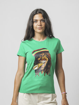 T-shirt donna con stampa di Bob Marley che fuma un cannolo siciliano, design Eco Pop