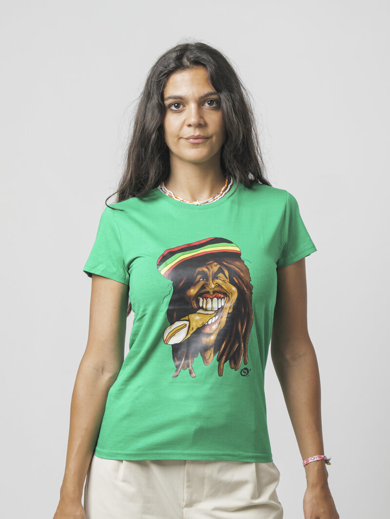 T-shirt donna con stampa di Bob Marley che fuma un cannolo siciliano, design Eco Pop