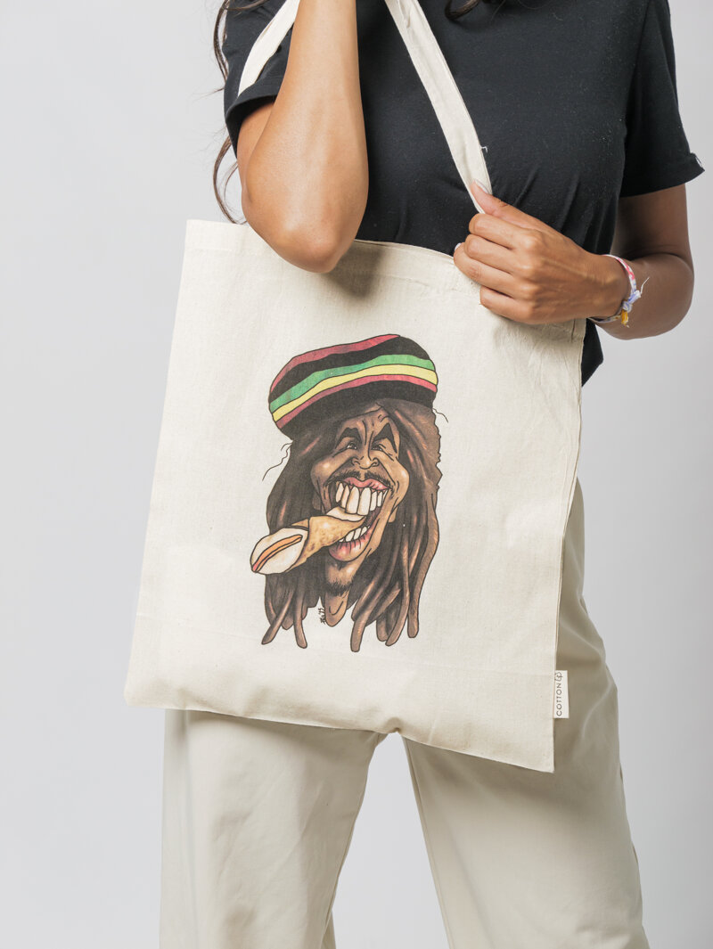 Shopping bag con stampa del famoso Bob Marley che fuma un cannolo siciliano, design Eco Pop