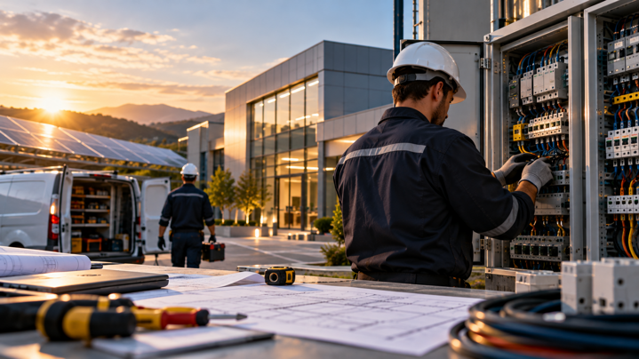 tecnico al lavoro su quadro elettrico al tramonto