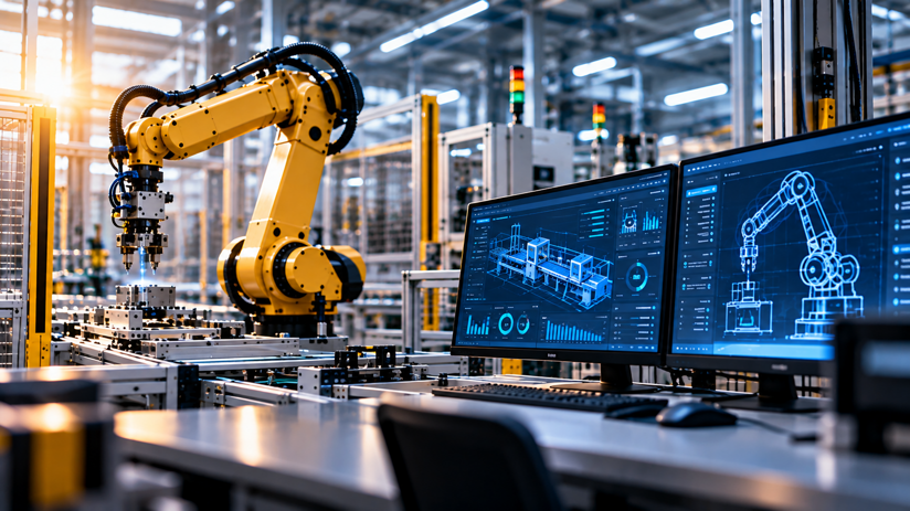 fabbrica intelligente con robot e monitoraggio digitale
